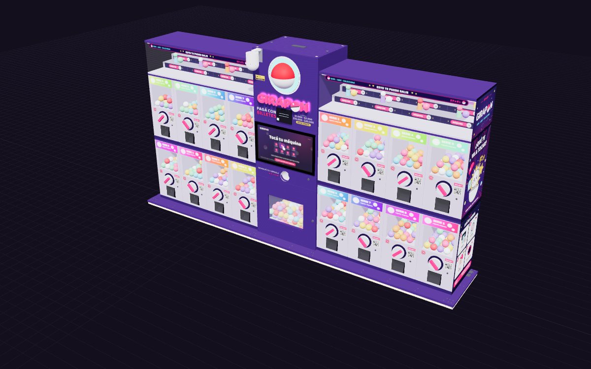 Isla GIRAPON en 3D: dos conjuntos de máquinas de gashapon con el tótem al medio.