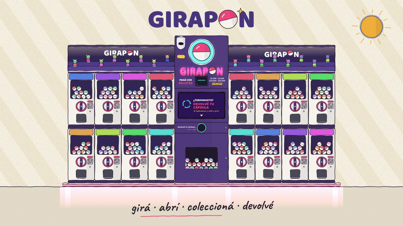 Dibujo de una isla GIRAPON: dos bloques de máquinas de gashapon a los lados del tótem violeta, con el logo arriba y la frase girá, abrí, coleccioná, devolvé.